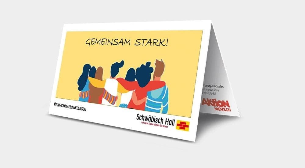 Es wird eine Karte von Bausparkasse Schwäbisch Hall mit der Aufschrift Gemeinsam stark gezeigt.
